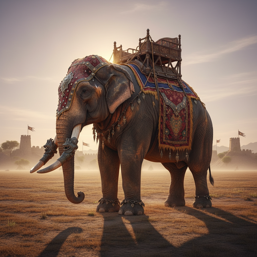 A massive Asian war elephant draped in ornate yet battle-worn cloth armor stands in profile on a dusty plain, its tusks capped with carved metal guards and its skin covered in subtle wrinkles and dust. In the distance, hazy silhouettes of ancient fortifications and standards rise against a pale sky, hinting at historical warfare without depicting combat. Warm, low golden-hour sunlight pours from behind, creating a soft halo along the elephant’s outline and long, graceful shadows stretching forward. Photographic realism with a cinematic, wide-angle composition places the elephant slightly off-center, giving a sense of scale and quiet power. The atmosphere feels grand, contemplative, and scholarly, emphasizing historical depth and the animal’s immense role in past conflicts.