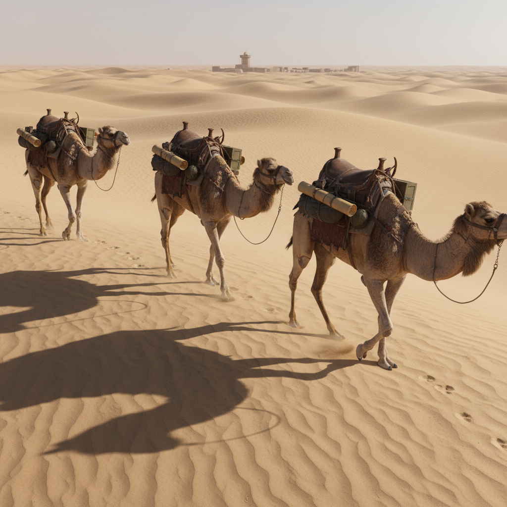 A caravan of war camels traverses a windswept desert ridge, their saddles adapted for military use with rolled maps, water skins, and covered crates strapped securely along their flanks. Their sandy coats are textured with fine dust, and their long shadows trail across rippled dunes. The horizon shows a faint, blurred outline of a desert fort and signal tower, hinting at strategic importance. Late afternoon sunlight is harsh yet clean, casting crisp shadows and highlighting every contour of sand and fur. Photographic realism, captured from a slightly elevated, three-quarter angle with a deep depth of field, emphasizing the vastness of the landscape. The mood is stoic and enduring, conveying logistical resilience and the often-overlooked support roles animals played in warfare history.