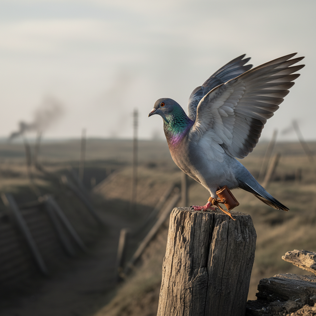 A solitary carrier pigeon with iridescent neck feathers and a tiny leather message capsule attached to its leg perches on the edge of a wooden trench post, wings slightly lifted as if preparing for flight. The background shows a historically accurate, desaturated battlefield horizon with blurred trenches, telegraph poles, and distant smoke clouds, all kept non-graphic and understated. Late afternoon light slants in from the right, carving a delicate rim of brightness along the bird’s feathers and the rough wood grain. Photographic realism, captured from a close-up, slightly elevated angle with a shallow depth of field, placing the pigeon in sharp focus. The mood is tense yet hopeful, highlighting the quiet heroism of animals in warfare in an elegant, sophisticated way.