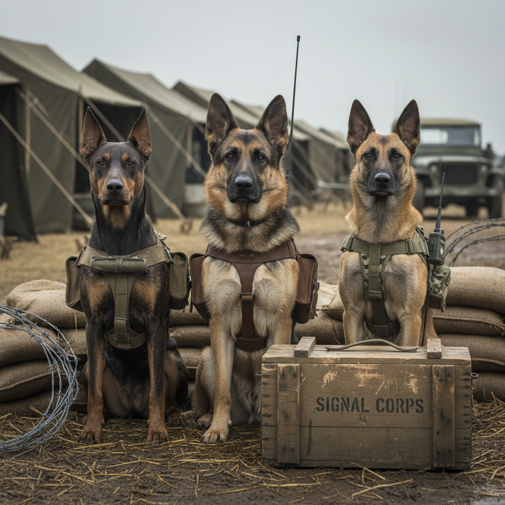 A trio of military messenger dogs from different eras sits attentively beside a weathered wooden field radio crate, each wearing distinct, authentic-looking harnesses and pouches that hint at their roles in war. Their fur textures—from short brindle to thick shepherd coat—are captured in sharp photographic detail. The setting is a quiet, muddy encampment edge with sandbags, coiled wire, and a blurred line of tents in the background. Overcast daylight filters softly from above, creating diffused, even lighting with gentle shadows. The mood is solemn yet respectful, emphasizing loyalty and service. Shot from a slightly low angle with rule-of-thirds composition and moderate depth of field, evoking a documentary, historically accurate feel without any graphic elements.
