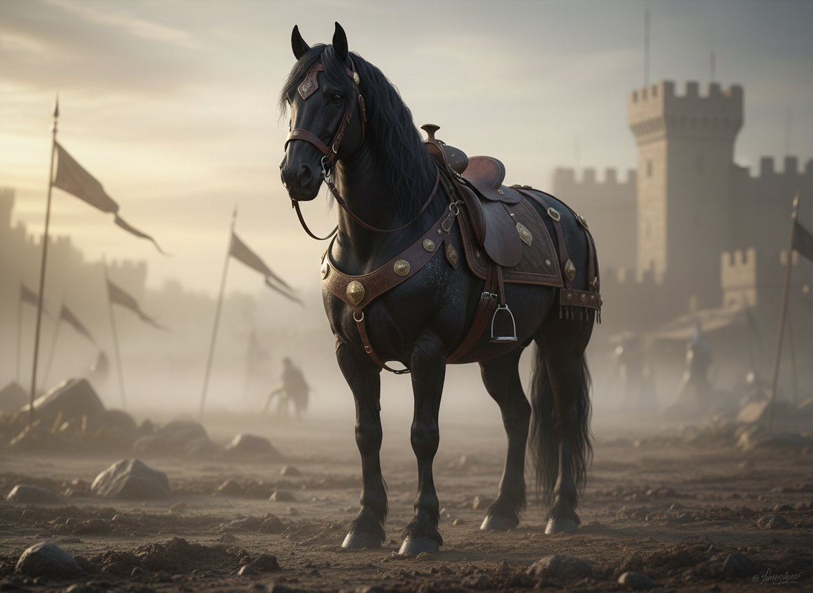 A powerful war horse in full historical tack stands alert on a misty battlefield at dawn, its glossy dark coat flecked with dew and its leather saddle and bridle worn but meticulously detailed. The ground beneath is churned earth and scattered hoofprints, with distant, softly blurred silhouettes of banners and fortifications implying conflict without showing any violence. Pale golden morning light cuts through the fog from the left, catching in the horse’s intelligent eyes and metal fittings. Photographic realism, shot at eye level with a shallow depth of field, centering the horse in a dignified, calm composition that feels sophisticated, reflective, and historically grounded.